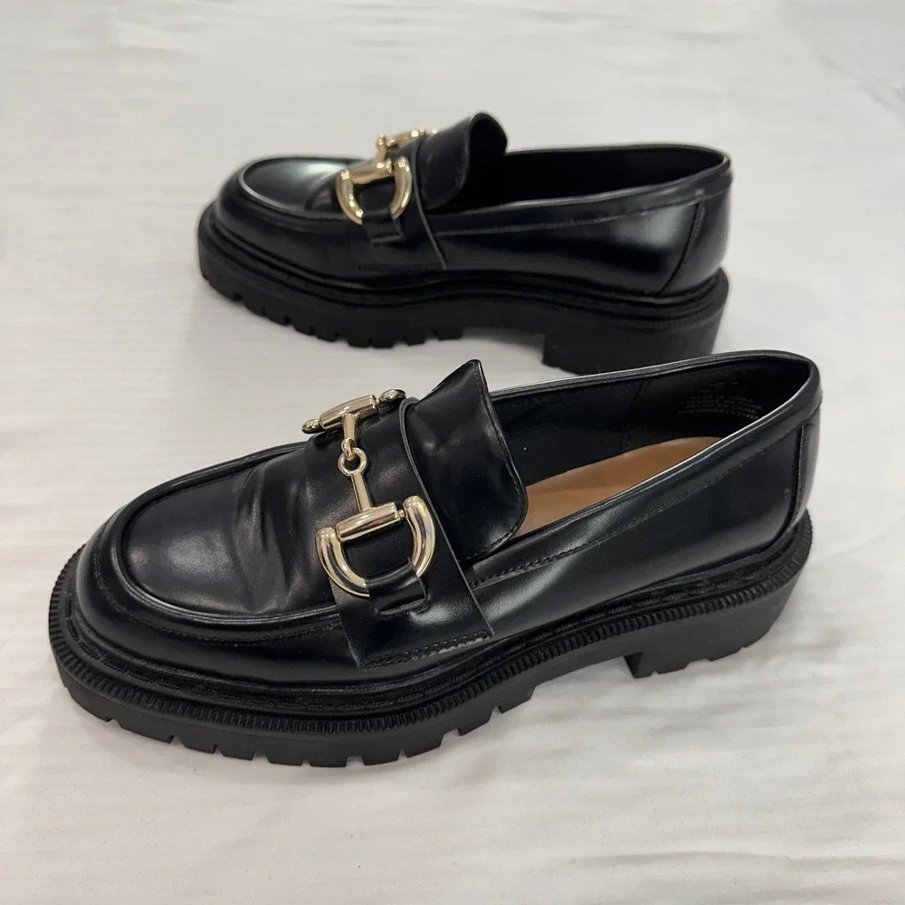 H&M Horsebit Chunky Lug Sole‎ Loafers Womens Size 38 Black Gold Y2K Academia